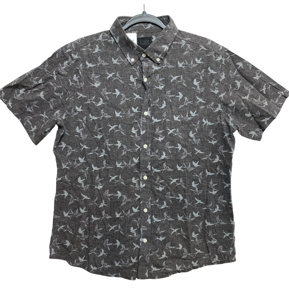 14th & Union Shirt Mens Large Gray Short Sleeve Bird Linen Blend Button Up